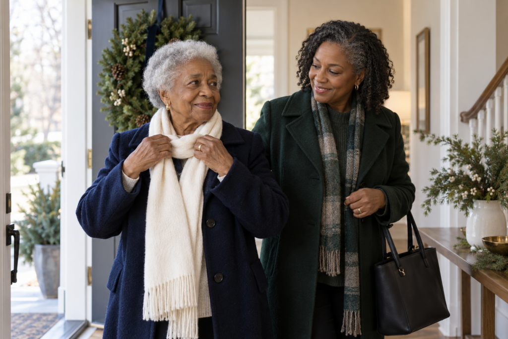 An older Black woman and her adult daughter preparing to leave home for a holiday outing.